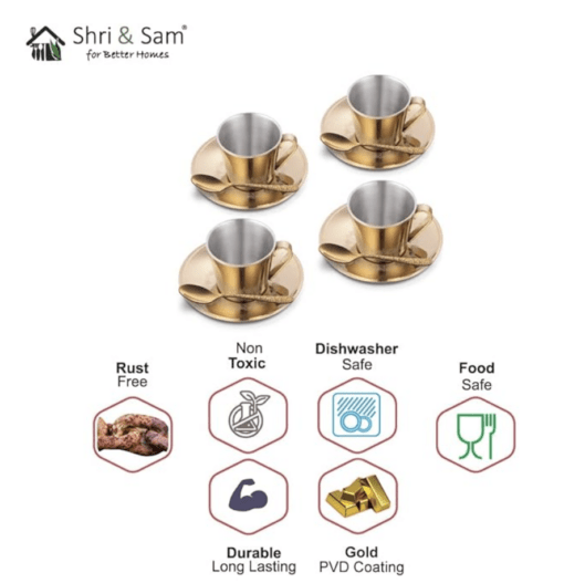 Shri & Sam Stainless Steel with Gold PVD Coating (Laser) 4 Pieces Rise Double Wall Cup and Saucer Set - Image 3